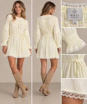 WAYF Mini Dress Women L Cream Yellow Lace Trim Long Sleeve Boho NWT